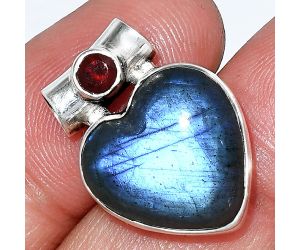 Heart - Blue Fire Labradorite and Garnet Pendant SDP152603 P-1300, 15x15 mm