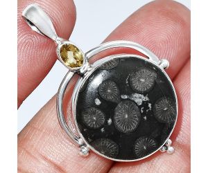 Black Flower Fossil Coral and Citrine Pendant SDP152607 P-1175, 21x21 mm