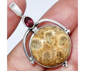 Flower Fossil Coral and Garnet Pendant SDP152622 P-1175, 19x19 mm