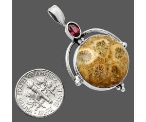 Flower Fossil Coral and Garnet Pendant SDP152622 P-1175, 19x19 mm