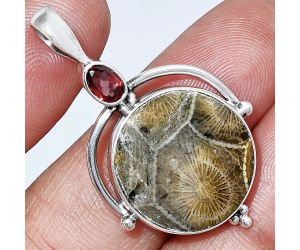 Flower Fossil Coral and Garnet Pendant SDP152627 P-1175, 19x19 mm