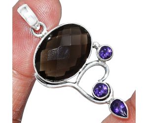 Smoky Quartz Checker Briolette and Amethyst Pendant SDP152661 P-1293, 13x18 mm