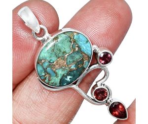 Kingman Copper Teal Turquoise and Garnet Pendant SDP152664 P-1293, 13x17 mm