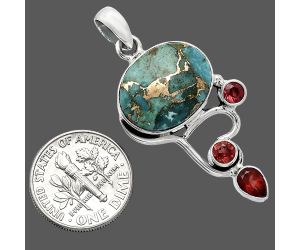 Kingman Copper Teal Turquoise and Garnet Pendant SDP152664 P-1293, 13x17 mm