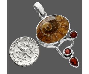Fossil Ammonite and Garnet Pendant SDP152673 P-1293, 15x20 mm