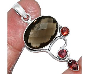 Smoky Quartz Checker Briolette and Garnet Pendant SDP152692 P-1293, 13x18 mm