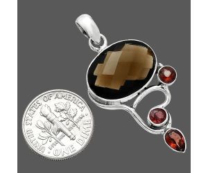 Smoky Quartz Checker Briolette and Garnet Pendant SDP152692 P-1293, 13x18 mm