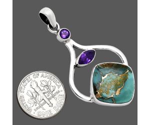 Kingman Copper Teal Turquoise and Amethyst Pendant SDP152705 P-1187, 15x15 mm