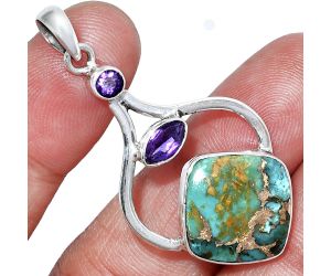 Kingman Copper Teal Turquoise and Amethyst Pendant SDP152745 P-1187, 15x15 mm