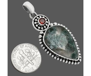 Horse Canyon Moss Agate and Garnet Pendant SDP152840 P-1500, 16x24 mm