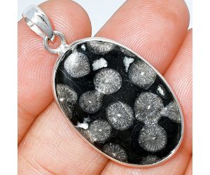 Black Flower Fossil Coral Pendant SDP153581 P-1001, 20x30 mm