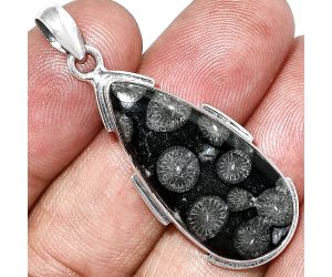 Black Flower Fossil Coral Pendant SDP153896 P-1072, 14x31 mm