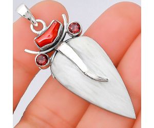 Lord Ganesha - White Scolecite, Coral Stick & Garnet Pendant SDP86097 P-1588, 18x33 mm