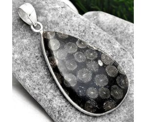 Natural Black Flower Fossil Coral Pendant SDP89837 P-1001, 26x42 mm