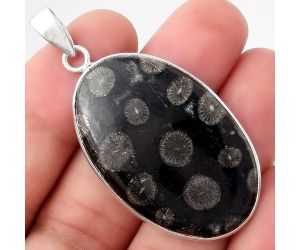 Natural Black Flower Fossil Coral Pendant SDP89838 P-1001, 24x39 mm