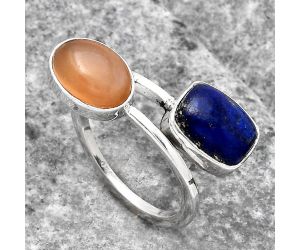 Natural Lapis and Peach Moonstone Ring size-7.5 SDR135919 R-1235, 7x10 mm