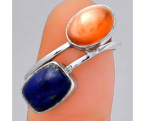 Natural Lapis and Peach Moonstone Ring size-7.5 SDR135919 R-1235, 7x10 mm