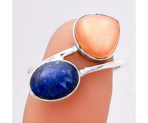 Natural Peach Moonstone and Lapis Ring size-7.5 SDR136148 R-1235, 10x10 mm