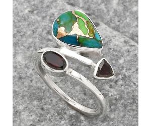 Blue Turquoise In Green Mohave - USA and Garnet Ring size-7 SDR136168 R-1237, 8x12 mm