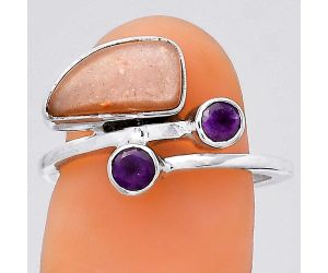 Natural Peach Moonstone and Amethyst Ring size-7 SDR136439 R-1237, 6x11 mm