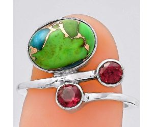 Blue Turquoise In Green Mohave - USA and Garnet Ring size-7 SDR136459 R-1237, 8x11 mm