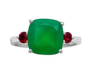 Natural Green Onyx & Garnet Ring size-7.5 SDR158320 R-1016, 10x10 mm