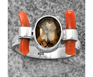 Smoky Quartz - Brazil & Coral Stick Ring size-6.5 SDR204886 R-1448, 7x9 mm