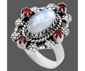 Rainbow Moonstone and Garnet Ring size-7 SDR223230 R-1264, 7x12 mm