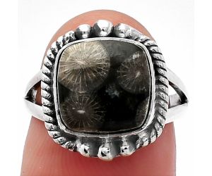 Black Flower Fossil Coral Ring size-6 SDR225692 R-1253, 10x10 mm