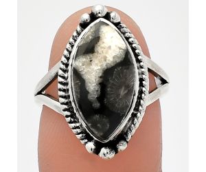 Black Flower Fossil Coral Ring size-7 SDR225802 R-1253, 9x16 mm