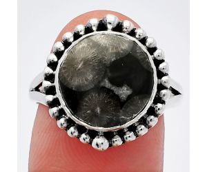 Black Flower Fossil Coral Ring size-8 SDR225966 R-1154, 12x12 mm