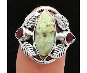 Southwest - Dendritic Chrysoprase & Garnet 925 Silver Ring s.7 Jewelry SDR226159 R-1303, 8x17 mm