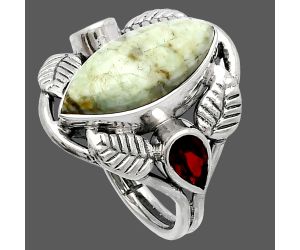 Southwest - Dendritic Chrysoprase & Garnet 925 Silver Ring s.7 Jewelry SDR226159 R-1303, 8x17 mm