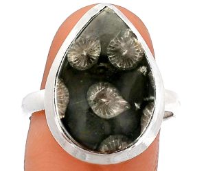 Black Flower Fossil Coral Ring size-9 SDR226280 R-1007, 13x19 mm