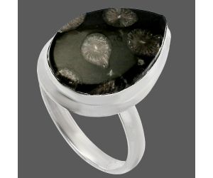 Black Flower Fossil Coral Ring size-9 SDR226280 R-1007, 13x19 mm