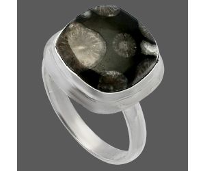 Black Flower Fossil Coral Ring size-8 SDR226313 R-1007, 13x13 mm