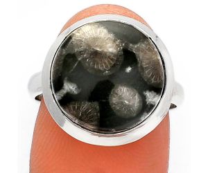 Black Flower Fossil Coral Ring size-8 SDR226394 R-1007, 14x14 mm