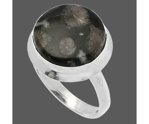 Black Flower Fossil Coral Ring size-8 SDR226394 R-1007, 14x14 mm