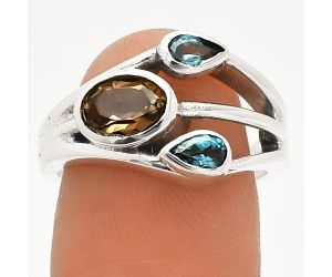 Smoky Quartz and London Blue Topaz Ring size-7 SDR233185 R-1024, 7x5 mm