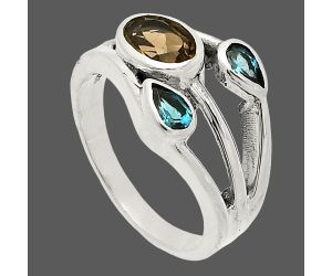 Smoky Quartz and London Blue Topaz Ring size-7 SDR233185 R-1024, 7x5 mm