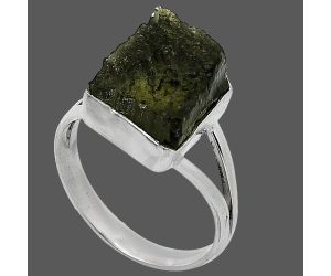 Genuine Czech Moldavite Rough Ring size-8 SDR238783 R-1002, 11x12 mm