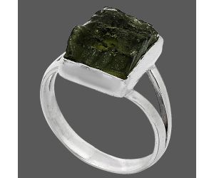 Genuine Czech Moldavite Rough Ring size-7 SDR238802 R-1002, 9x12 mm