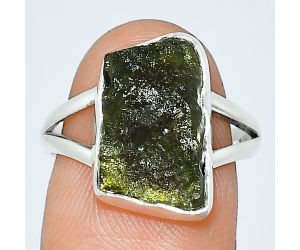 Genuine Czech Moldavite Rough Ring size-8 SDR238895 R-1002, 9x15 mm