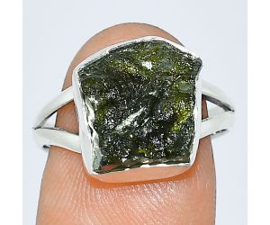 Genuine Czech Moldavite Rough Ring size-8 SDR238912 R-1002, 11x12 mm