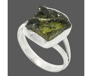 Genuine Czech Moldavite Rough Ring size-8 SDR238912 R-1002, 11x12 mm