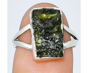 Genuine Czech Moldavite Rough Ring size-7 SDR238977 R-1002, 8x14 mm