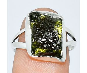 Genuine Czech Moldavite Rough Ring size-8 SDR238983 R-1002, 11x14 mm