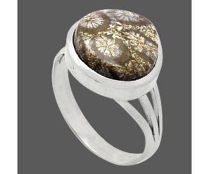 Flower Fossil Coral Ring size-8 SDR239183 R-1006, 13x13 mm