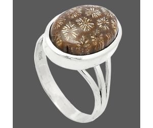 Flower Fossil Coral Ring size-8 SDR239204 R-1006, 11x15 mm