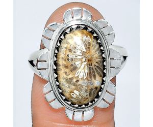 Flower Fossil Coral Ring size-8.5 SDR239656 R-1341, 10x16 mm